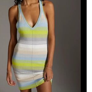 Daily Practice by Anthropologie Tuvalu Striped Ribbed Knit V-Neck Mini Dress S